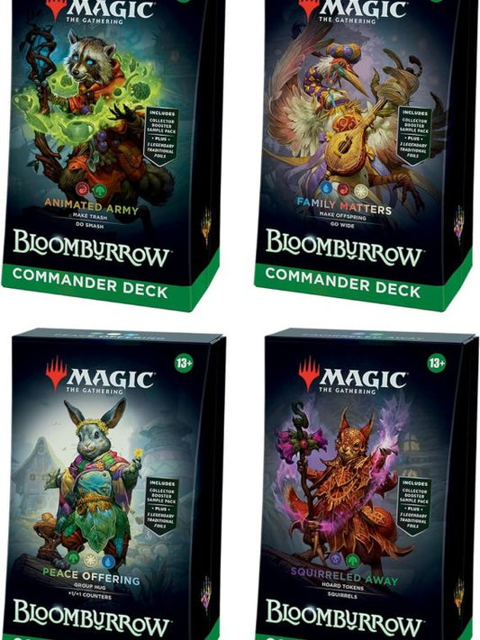 2025 The Gathering Bloomburrow Commander Deck Bundle – Includes All 4 Decks (Animated Army Family Matters Peace Offering and Squirreled Away)