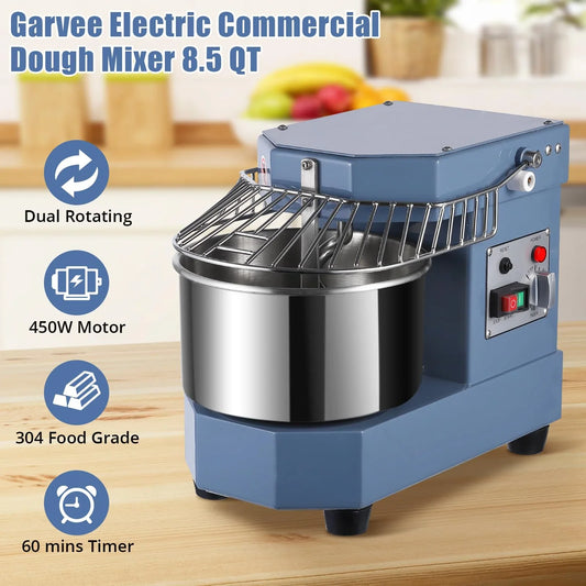 2025 8Qt Commercial Food Mixer, 450W Dual Rotating Dough Kneading Machine w Food-grade Stainless Steel Bowl, Security Shield & Timer, Commercial