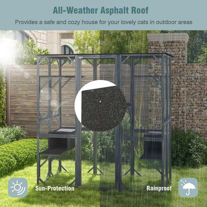 71" Tall Large Cat House Outdoor Catio Kitty Enclosure, Walk-in Cat Kennel Condo, Wooden Cat Cage Playpen with 7 Platforms