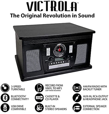 Victrola 8-in-1 Bluetooth Record Player & Multimedia Center, Built-in Stereo Speakers – Turntable, Wireless Music Streaming