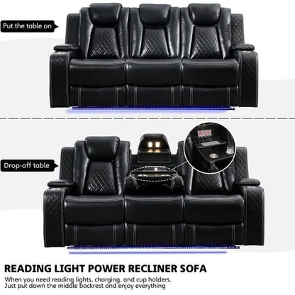 Power Reclining Sofa with Wireless Charger,Reading Light for Living Room,Faux Leather LED Light,AC/USB Port,Cup Holder,Black