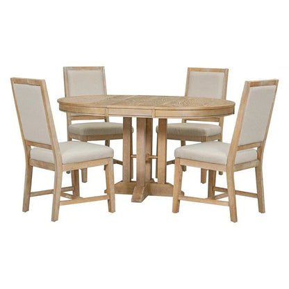 5-Piece Dining Set Extendable Round Table and 4 Upholstered Chairs Farmhouse Dining Set for Kitchen, Dining Room