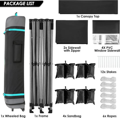 COBIZI 10x20 Heavy Duty Pop up Canopy Tent with 6 sidewalls Easy Up Commercial Outdoor Canopy Wedding Party Tents for Parties All Season Wind & Waterproof Gazebo with Roller Bag,Black(Frame Thickened)