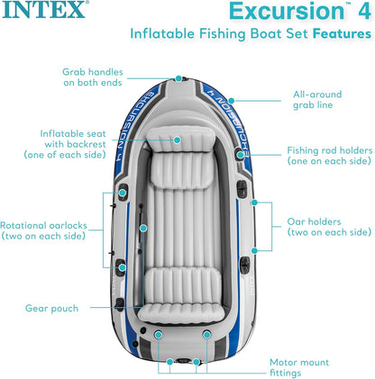 Excursion Inflatable Boat Series: Includes Deluxe 54in Boat Oars and High-Output Pump – SuperTough PVC – Adjustable Seats with Backrest – Fishing Rod Holders – Welded Oar Locks