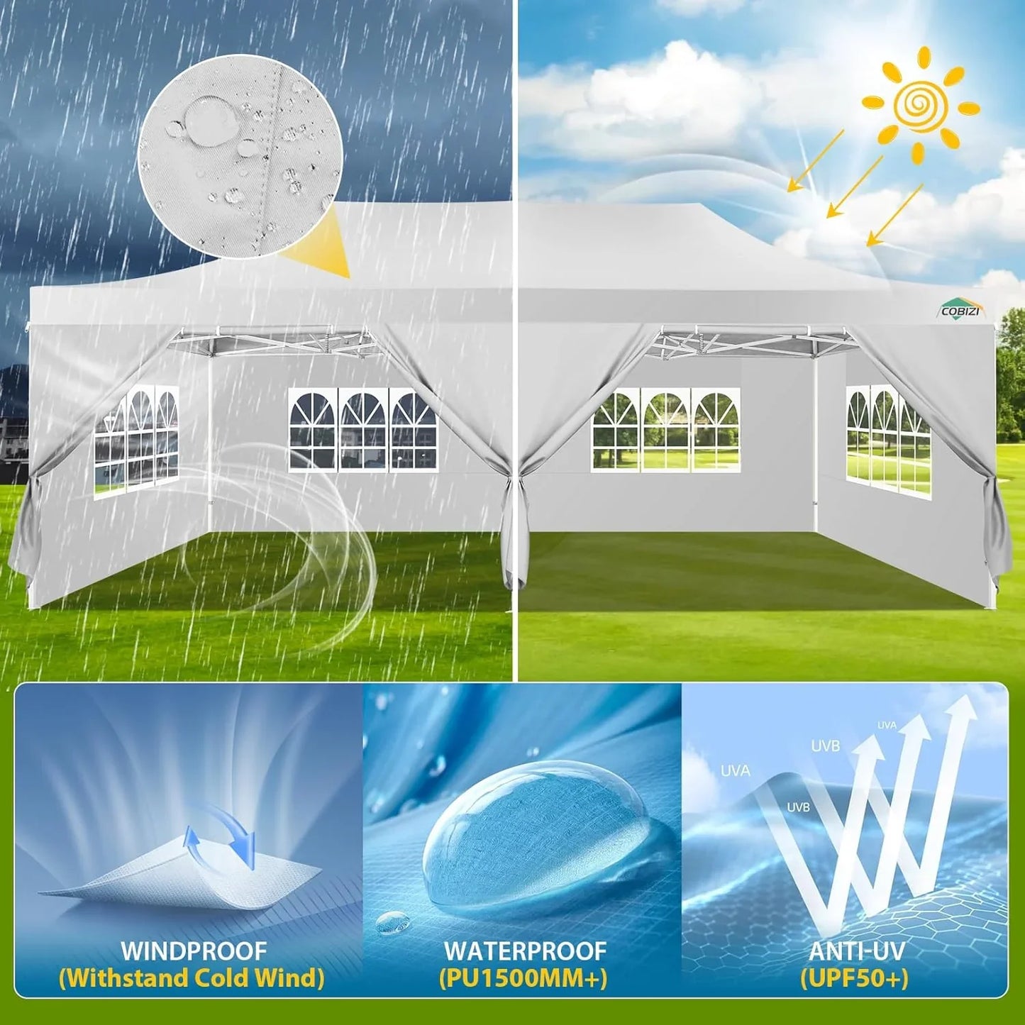 COBIZI 10x20 Heavy Duty Pop up Canopy Tent with 6 sidewalls Easy Up Commercial Outdoor Canopy Wedding Party Tents for Parties All Season Wind & Waterproof Gazebo with Roller Bag,Black(Frame Thickened)