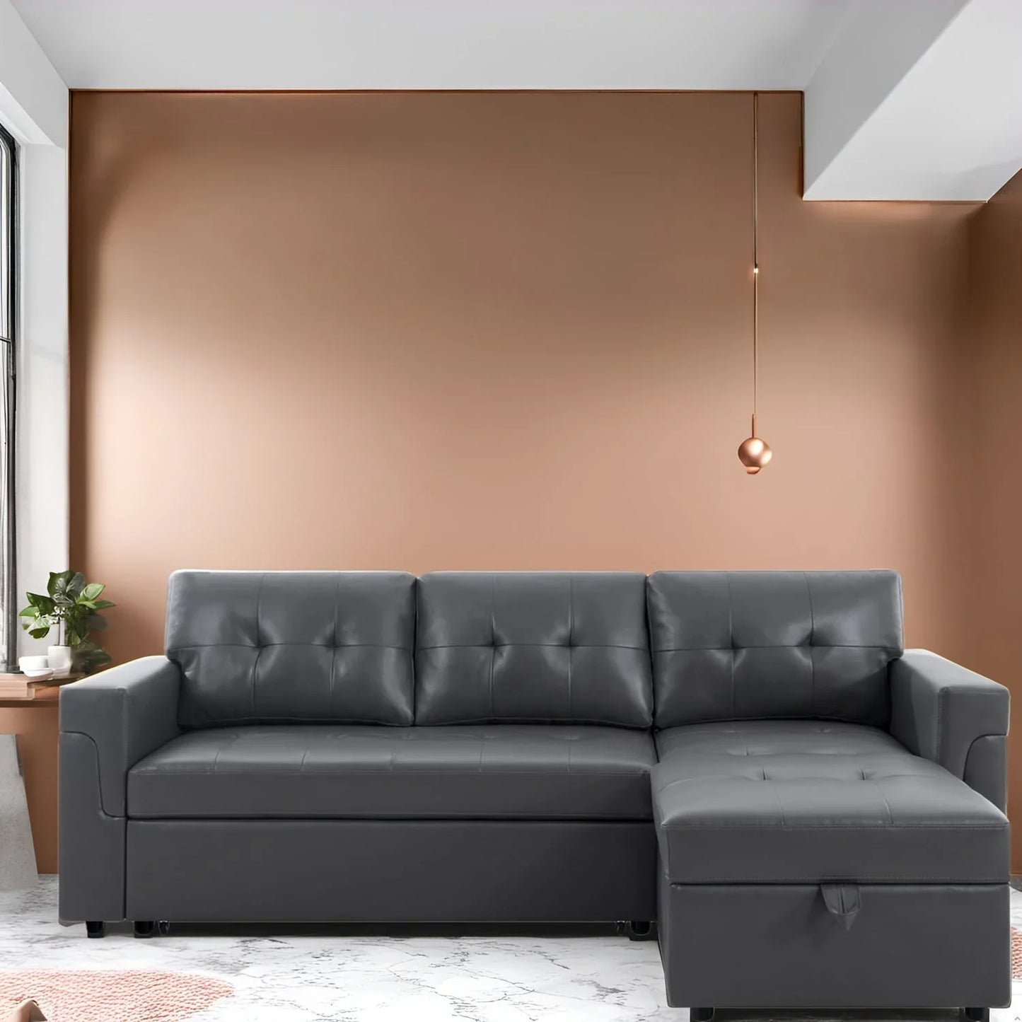 Reversible Sectional Sofa with Pull-Out Sleeper Bed, Hidden Storage Chaise, Durable Legs,