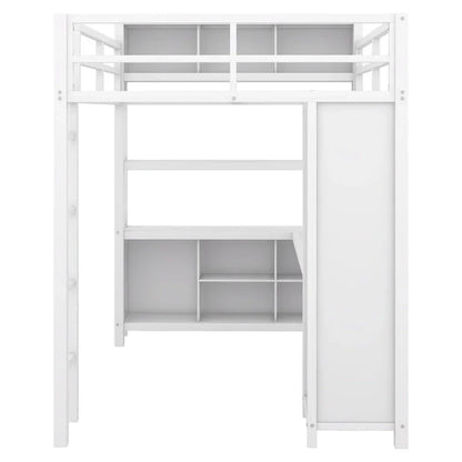 Off-White Metal Loft Bed with Desk and Wardrobe - Full Size