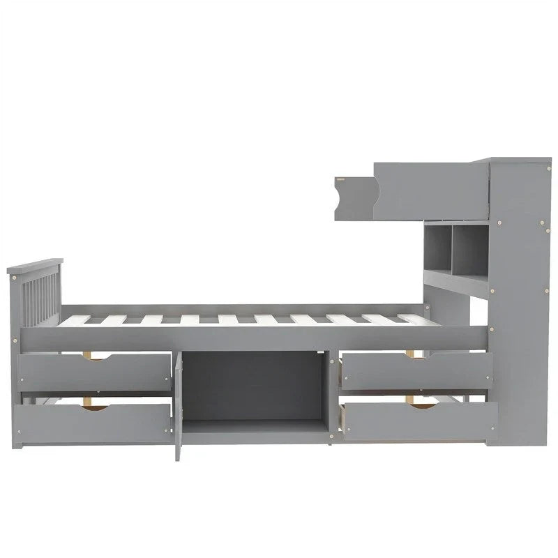 Twin/Full Size Captain Platform Bed with 4 Drawers and Storage Shelves, Solid Wood Bed Frame with Storage Bookcase Headboard