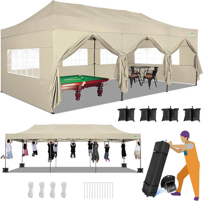 COBIZI 10x20 Heavy Duty Pop up Canopy Tent with 6 sidewalls Easy Up Commercial Outdoor Canopy Wedding Party Tents for Parties All Season Wind & Waterproof Gazebo with Roller Bag,Black(Frame Thickened)