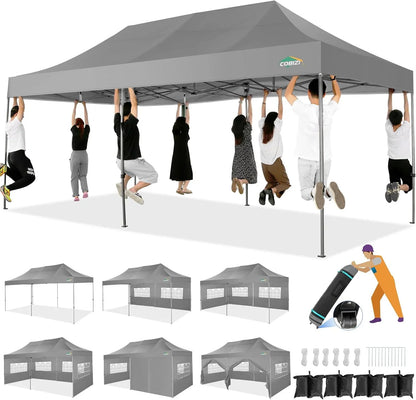COBIZI 10x20 Heavy Duty Pop up Canopy Tent with 6 sidewalls Easy Up Commercial Outdoor Canopy Wedding Party Tents for Parties All Season Wind & Waterproof Gazebo with Roller Bag,Black(Frame Thickened)