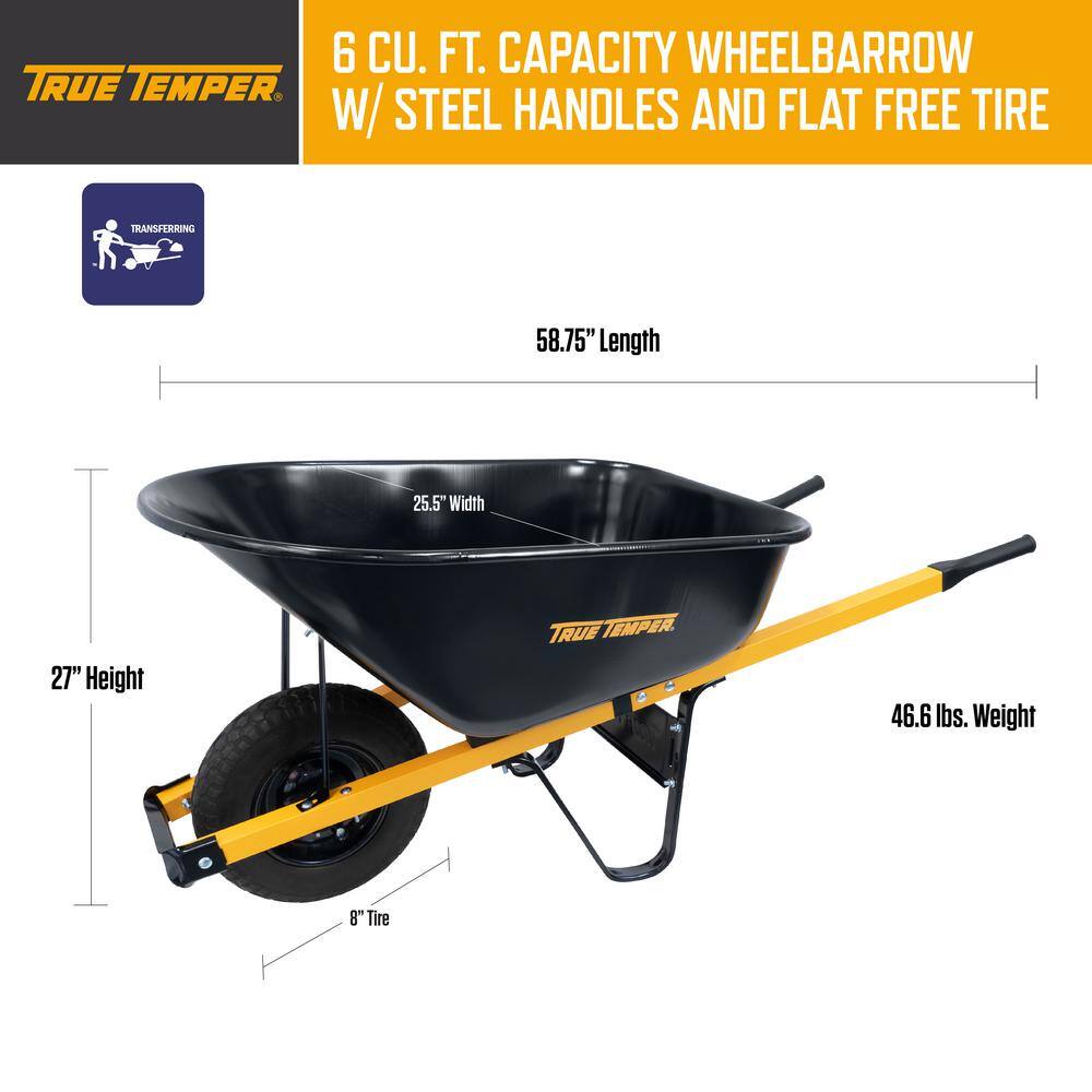2025 True Temper R6STFFEC 6 cu. ft. Barrow in a Box Steel Wheelbarrow with Never Flat Tire and Steel Handles