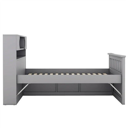Twin/Full Size Captain Platform Bed with 4 Drawers and Storage Shelves, Solid Wood Bed Frame with Storage Bookcase Headboard