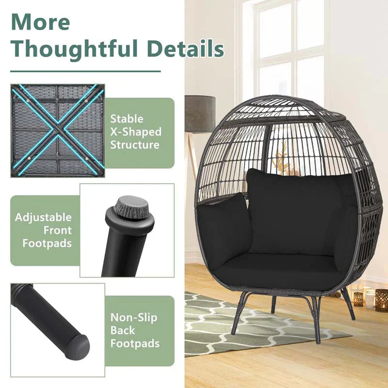 Oversized Wicker Egg Chair with 4 Cushions, Steel Frame Basket Chair Indoor Outdoor Patio Lounge Chair