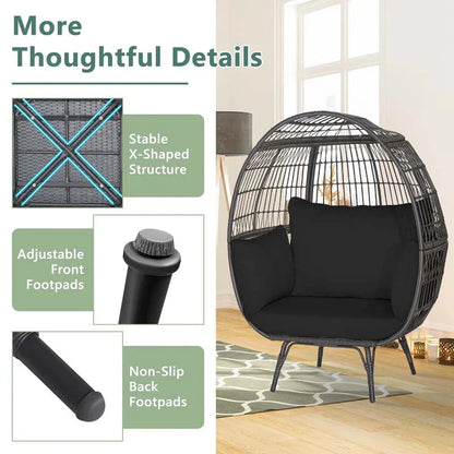 Oversized Wicker Egg Chair with 4 Cushions, Steel Frame Basket Chair Indoor Outdoor Patio Lounge Chair
