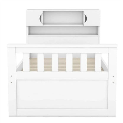 Twin/Full Size Captain Platform Bed with 4 Drawers and Storage Shelves, Solid Wood Bed Frame with Storage Bookcase Headboard