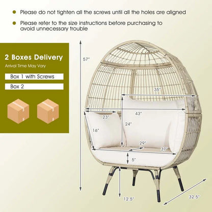 Oversized Wicker Egg Chair with 4 Cushions, Steel Frame Basket Chair Indoor Outdoor Patio Lounge Chair
