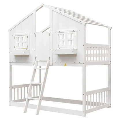 Twin over Twin House Bunk Bed with Roof , Window, Window Box, Door , with Safety Guardrails and Ladder, Grey