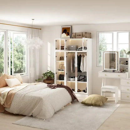 47.2 Wide Armoire LED Light All Glass Door Closet Cabinet Wardrobe