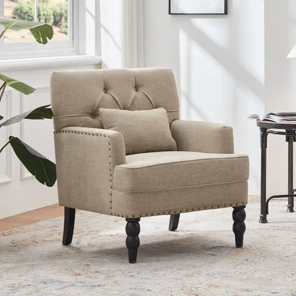 Set of 2 Arm Chair Upholstered Button Tufted Accent Chair with Lumbar Pillow Beige/ Grey/ Light Blue