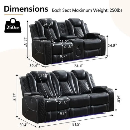 Power Reclining Sofa with Wireless Charger,Reading Light for Living Room,Faux Leather LED Light,AC/USB Port,Cup Holder,Black