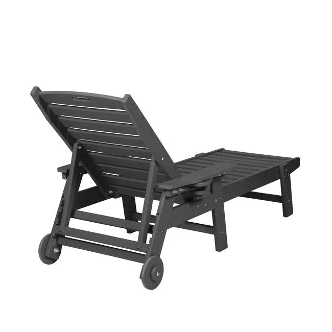 3-Piece Patio Set  2 Oversized Chaise Lounges (5-Position, Wheels, Cup Holder) + Side Table, All-Weather Wood Texture.