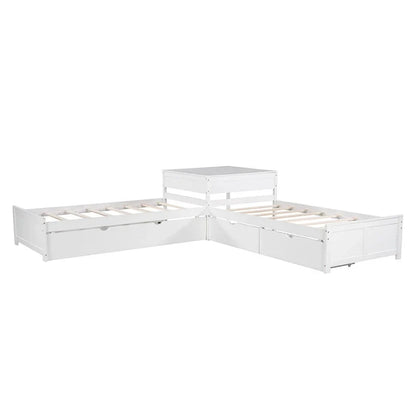 White Modern Twin Size L-shaped Platform Bed with Trundle and Drawers for Bedroom