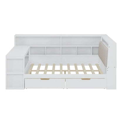 L-shaped Wooden Sofa Daybed with Desk, Bookcase Cabinet, Corner Bed with Under-bed Drawers, Upholstered Headboard Built-in Light