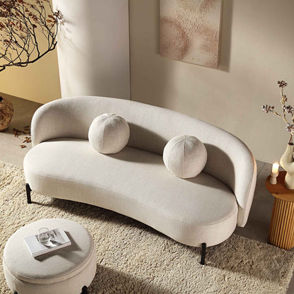 3-Seater Curved Sofa with Ball Cushions, Beige Linen Blend