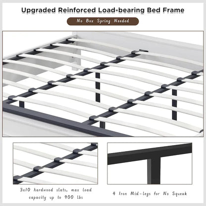 Farmhouse King Wood Bed Frame with Headboard, Platform Bedframe