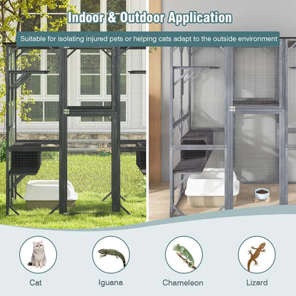 71" Tall Large Cat House Outdoor Catio Kitty Enclosure, Walk-in Cat Kennel Condo, Wooden Cat Cage Playpen with 7 Platforms