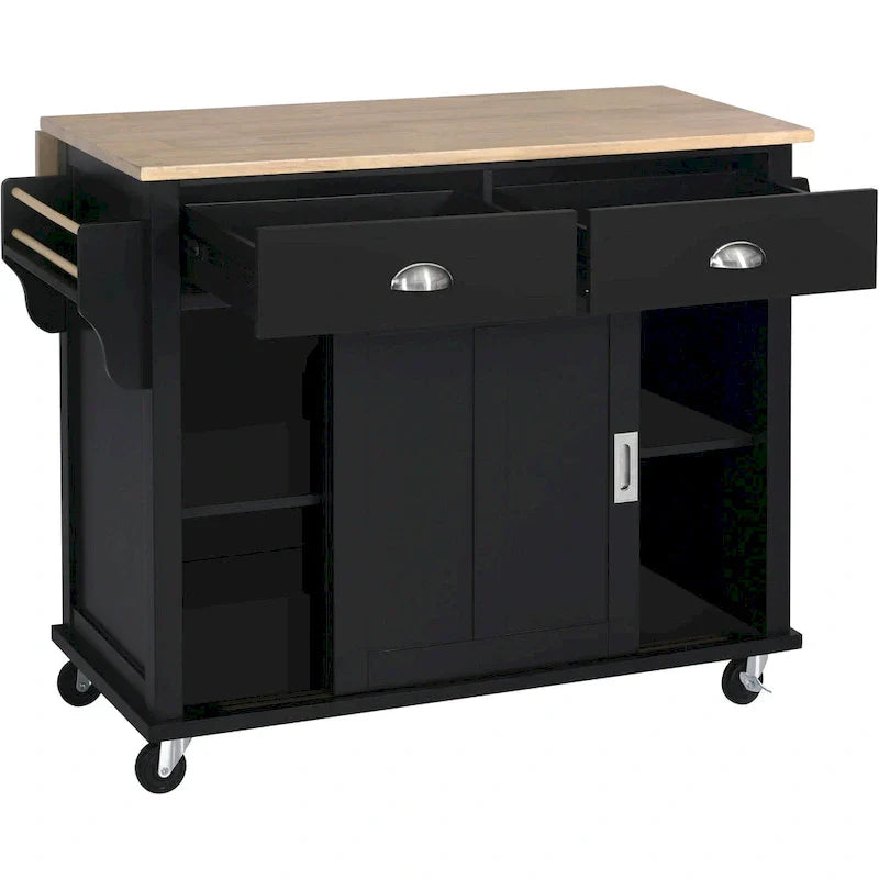 Kitchen Cart with Rubber wood Drop-Leaf Countertop, Concealed sliding barn door adjustable height,Kitchen Island on 4 Wheels
