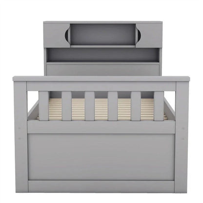 Twin/Full Size Captain Platform Bed with 4 Drawers and Storage Shelves, Solid Wood Bed Frame with Storage Bookcase Headboard