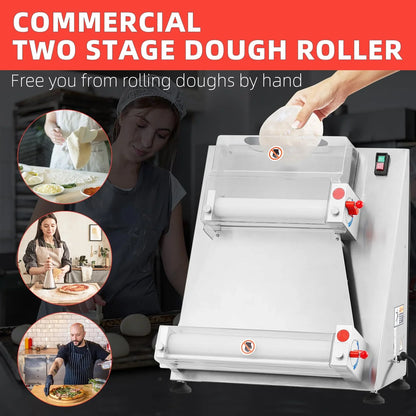 Commercial Pizza Dough Roller Sheeter, Max 16", Automatic 370W Electric Pizza Dough Roller, Stainless Steel, Suitable for Noodle, Pizza Bread and Pasta Maker Equipment