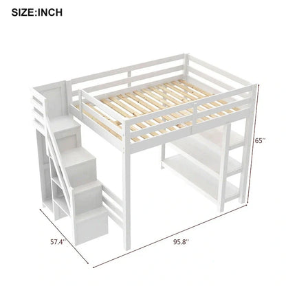 Full/Twin Loft Bed with Storage Stairs - Shelves, Wardrobe & LED Light, Space-Saving Design