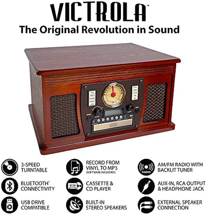 Victrola 8-in-1 Bluetooth Record Player & Multimedia Center, Built-in Stereo Speakers – Turntable, Wireless Music Streaming