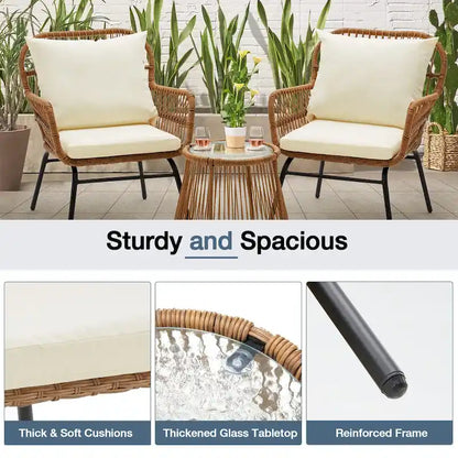 3-Piece Patio Conversation Bistro Set, Outdoor Rattan Furniture Set with Glass Table & 2 Wide Armchairs, Seat Cushions