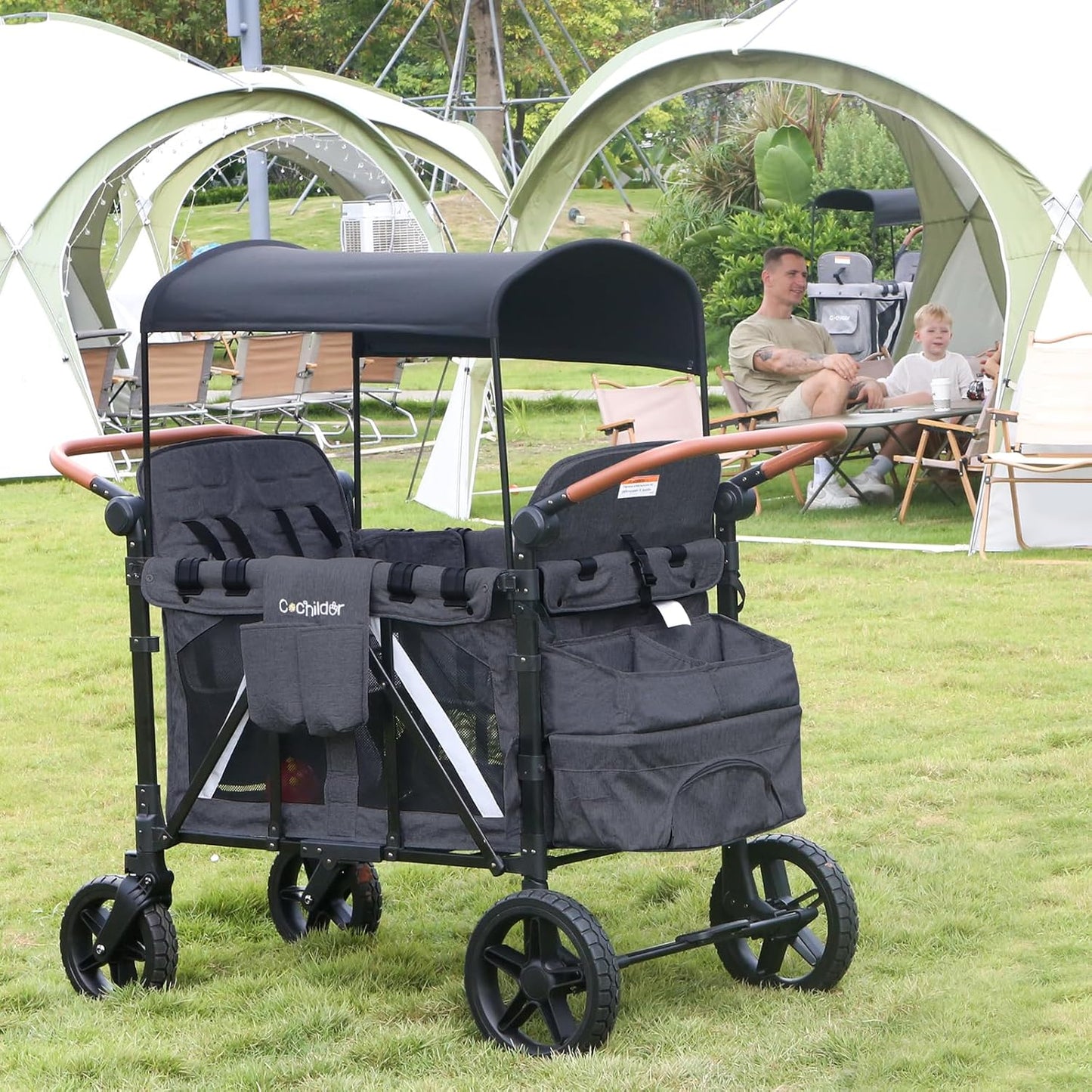 All-Terrain 4 Seater Wagon Stroller for Kids - Heavy-Duty 300lb Capacity, One-Hand Fold Design, High Seats with 5-Point Harness, Adjustable Canopy and Handlebars, Light Grey