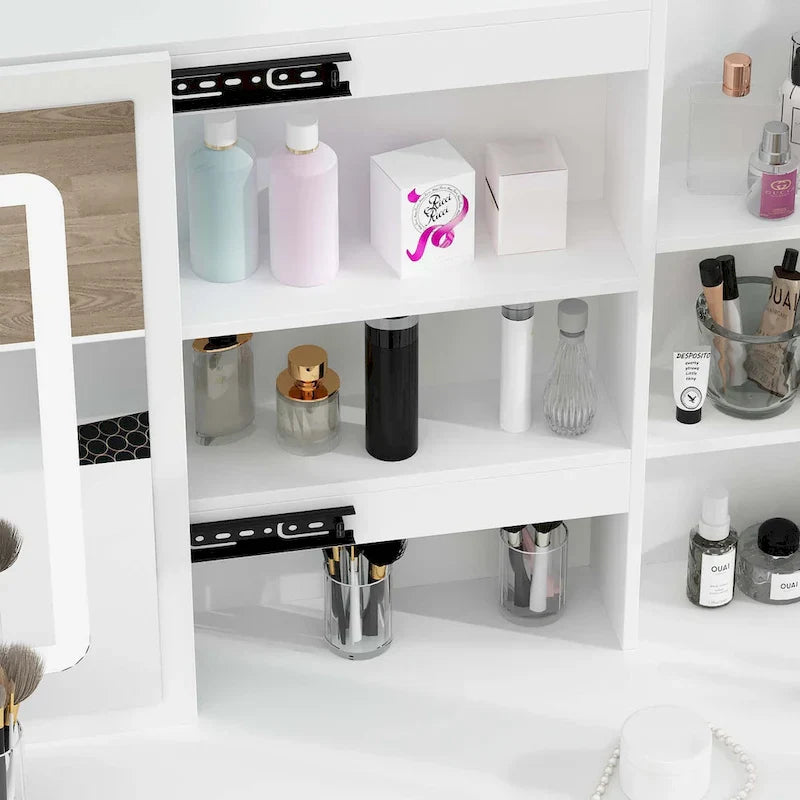 White Makeup Vanity Set with LED Mirror and Stool - 39.4" Wide