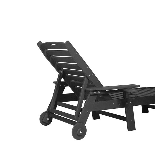 3-Piece Patio Set  2 Oversized Chaise Lounges (5-Position, Wheels, Cup Holder) + Side Table, All-Weather Wood Texture.