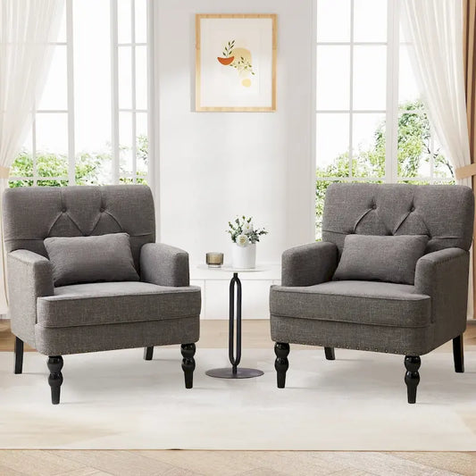 Set of 2 Arm Chair Upholstered Button Tufted Accent Chair with Lumbar Pillow Beige/ Grey/ Light Blue