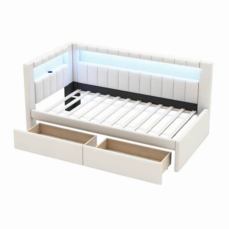 Upholstered Platform Bed with USB Ports & LED Lighting - Full/Twin Size Bed Frame with 2 Storage Drawers - Modern Bedroom