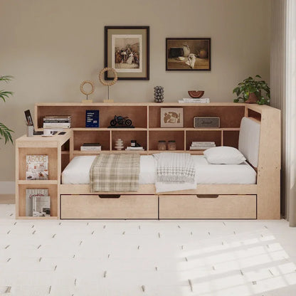 L-shaped Wooden Sofa Daybed with Desk, Bookcase Cabinet, Corner Bed with Under-bed Drawers, Upholstered Headboard Built-in Light