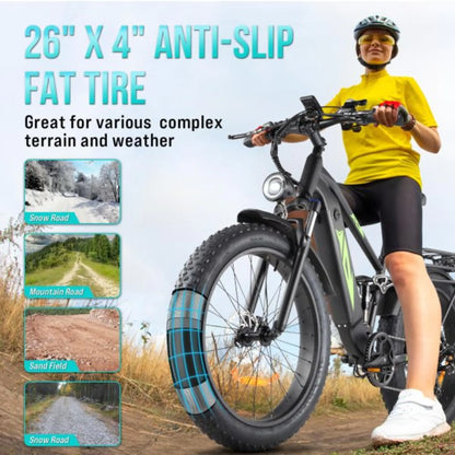 1000W 48V Electric Bike for Adults – 26-in Fat Tire Full-Suspension E-Bike – 17.5Ah Battery – 7-Speed – Up to 28MPH – UL Certified