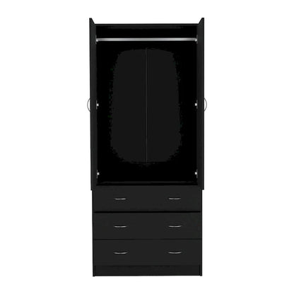 19 Modern Double-door Armoire with 3 Drawers and 1 Hanging Rod for Bedroom