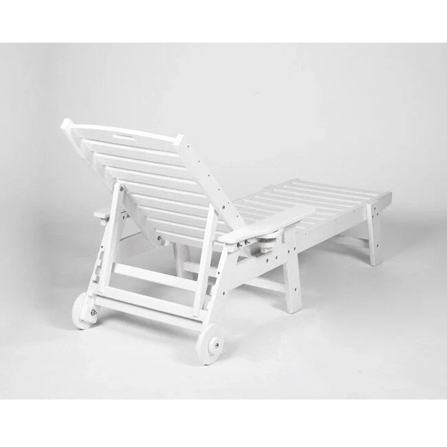3-Piece Patio Set  2 Oversized Chaise Lounges (5-Position, Wheels, Cup Holder) + Side Table, All-Weather Wood Texture.