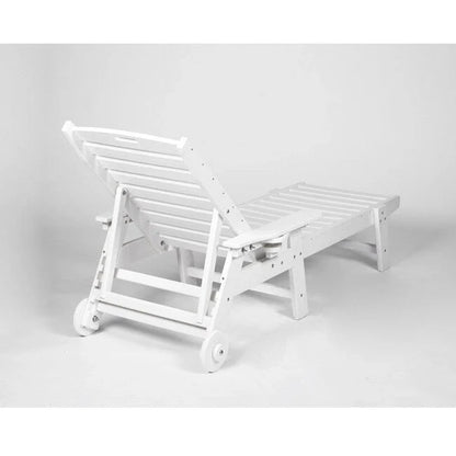 3-Piece Patio Set  2 Oversized Chaise Lounges (5-Position, Wheels, Cup Holder) + Side Table, All-Weather Wood Texture.