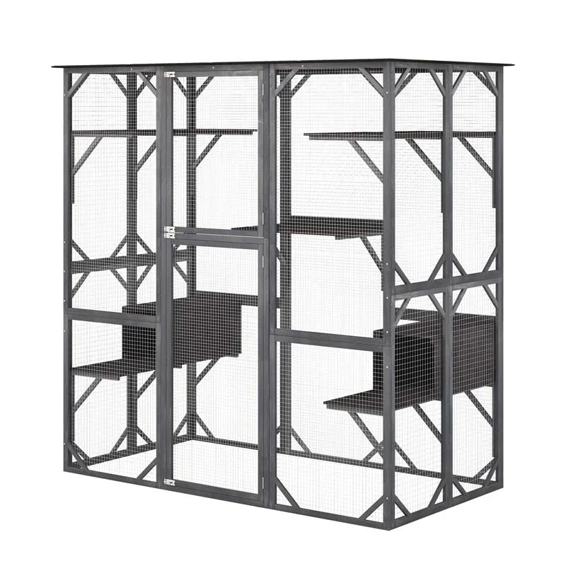 71" Tall Large Cat House Outdoor Catio Kitty Enclosure, Walk-in Cat Kennel Condo, Wooden Cat Cage Playpen with 7 Platforms