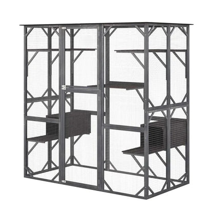 71" Tall Large Cat House Outdoor Catio Kitty Enclosure, Walk-in Cat Kennel Condo, Wooden Cat Cage Playpen with 7 Platforms
