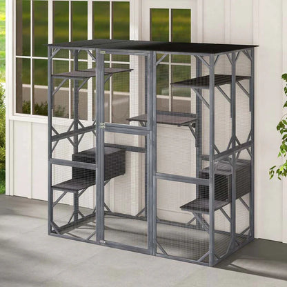71" Tall Large Cat House Outdoor Catio Kitty Enclosure, Walk-in Cat Kennel Condo, Wooden Cat Cage Playpen with 7 Platforms