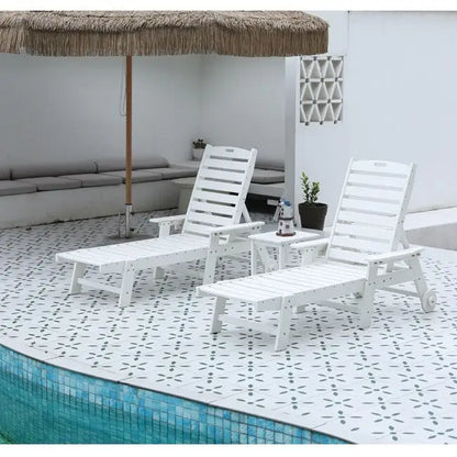 3-Piece Patio Set  2 Oversized Chaise Lounges (5-Position, Wheels, Cup Holder) + Side Table, All-Weather Wood Texture.